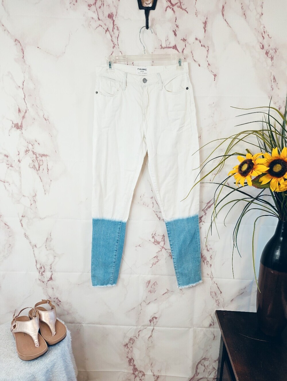 FRAME Denim White & Blue Dip Dye Cropped Skinny Jeans Size 24 - Picture 2 of 5